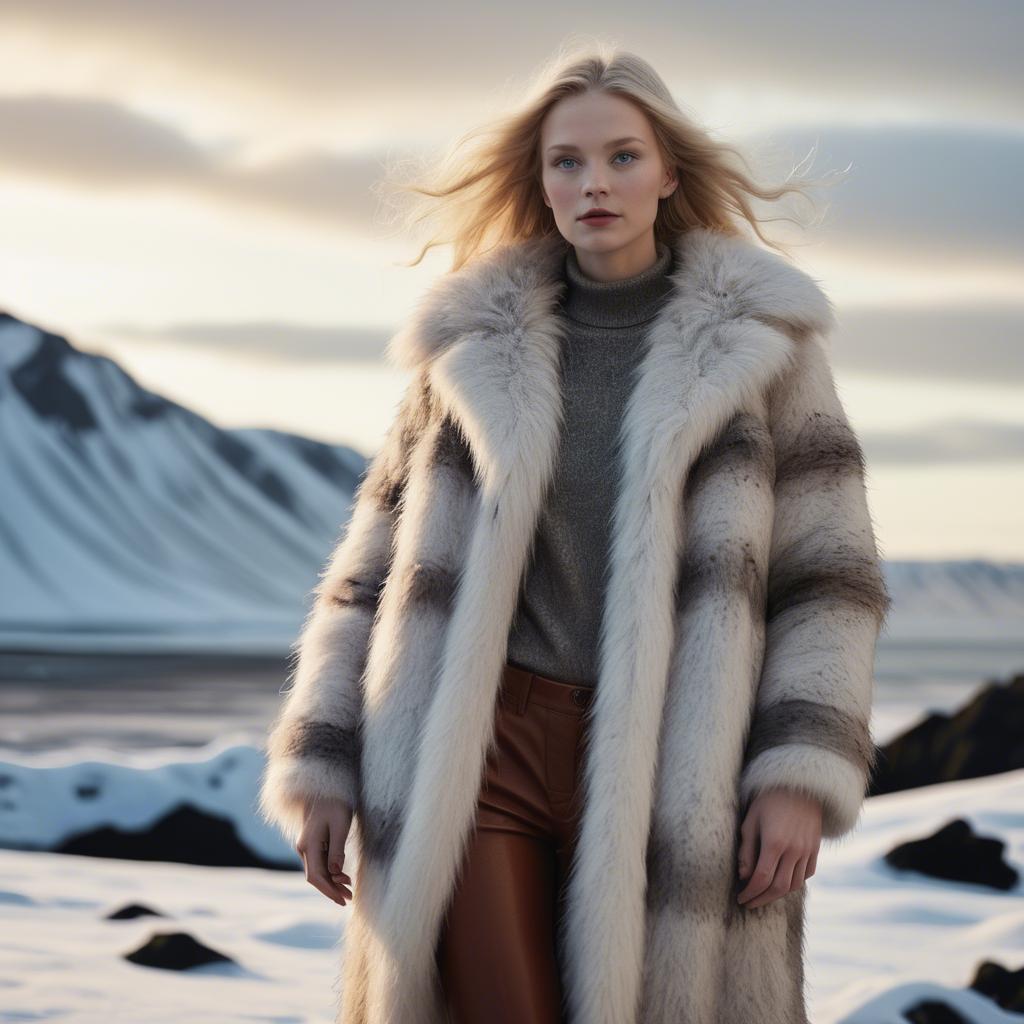 A stunning image of icelandic vision in a fluffy faux-fur coat radiating a captivating winter glow.
