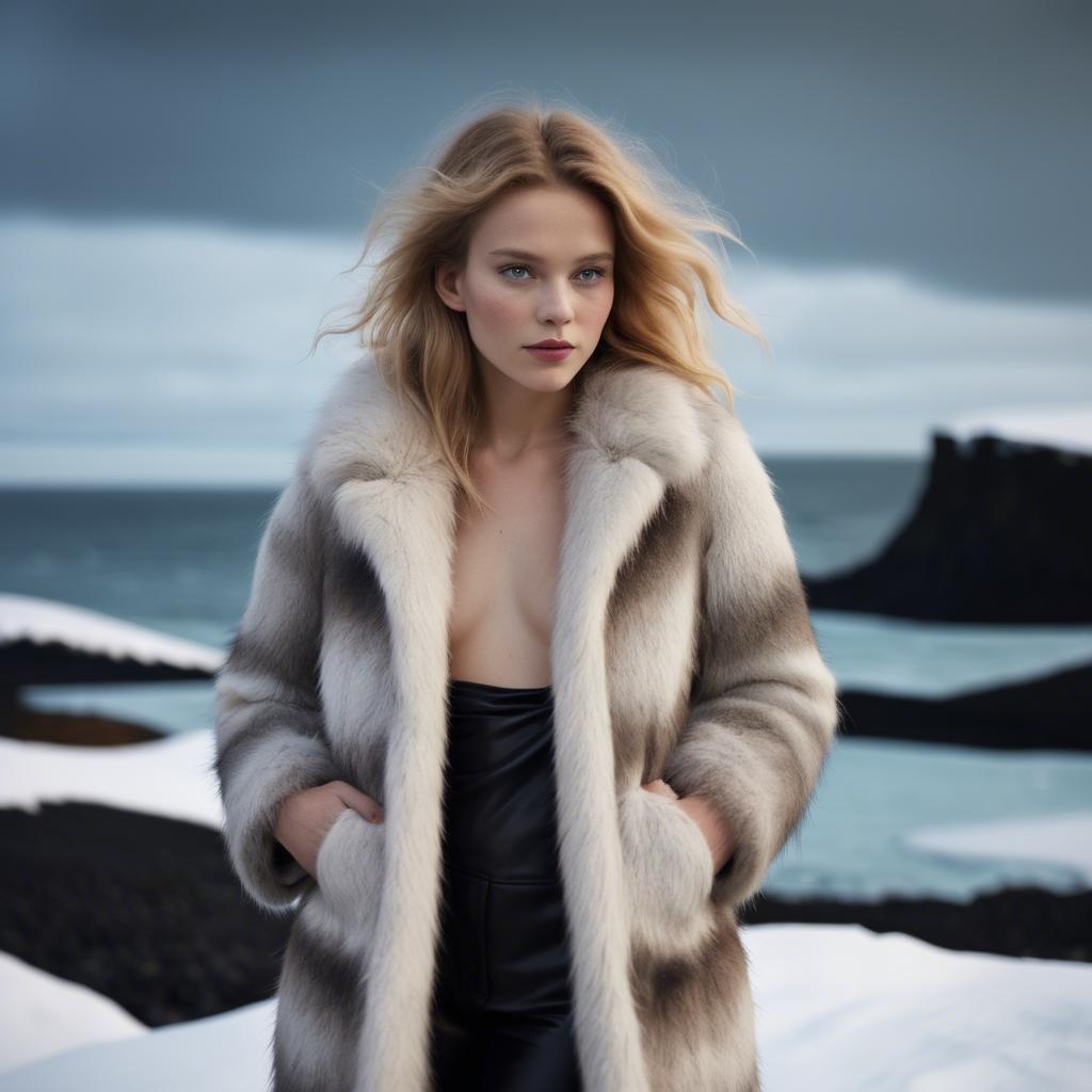 A stunning image of icelandic vision in a fluffy faux-fur coat radiating a captivating winter glow.