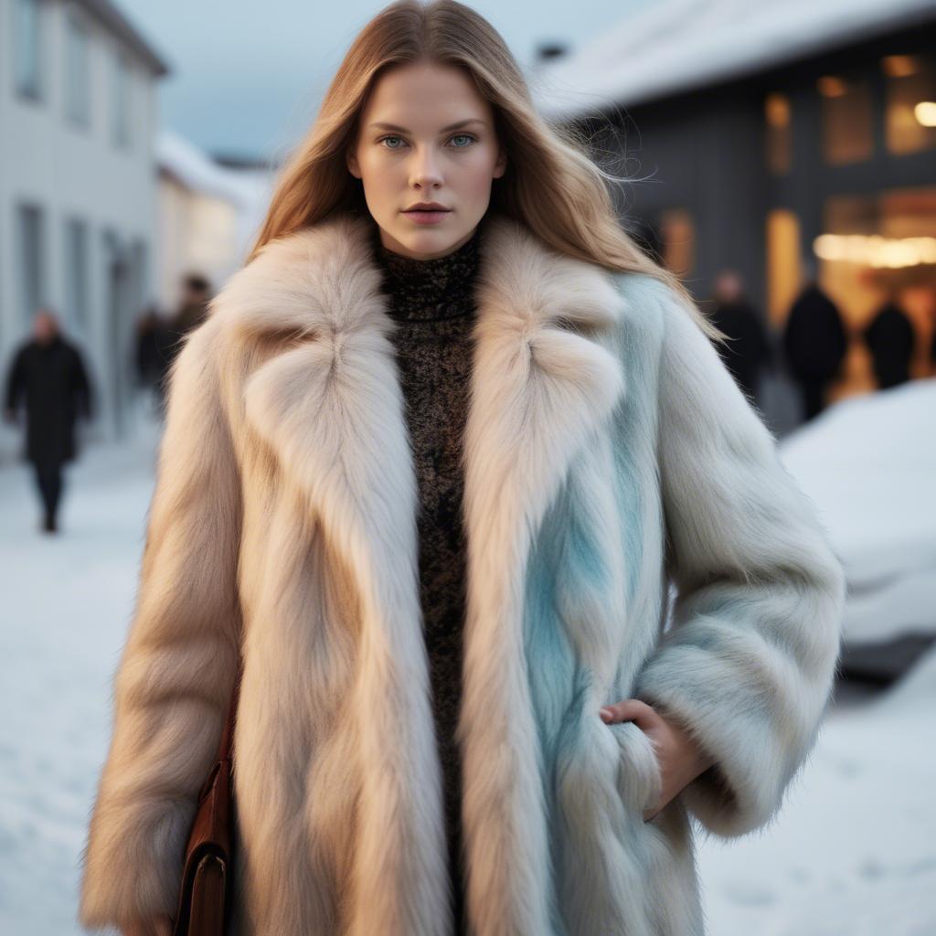 A stunning image of icelandic vision in a fluffy faux-fur coat radiating a captivating winter glow.