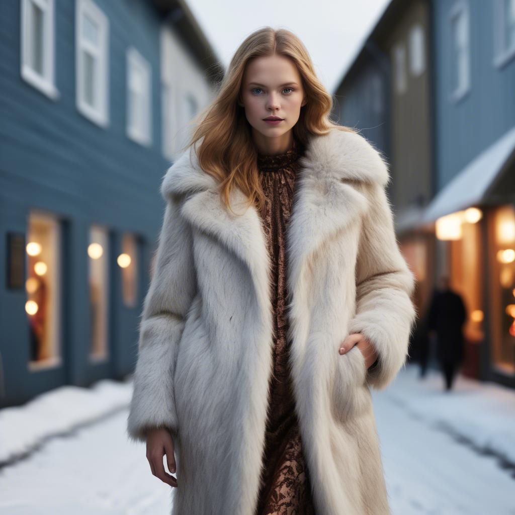 A stunning image of icelandic vision in a fluffy faux-fur coat radiating a captivating winter glow.