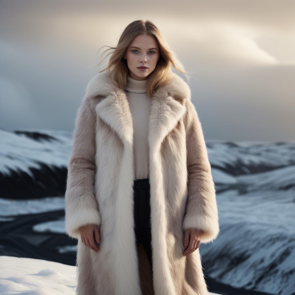 A stunning image of icelandic vision in a fluffy faux-fur coat radiating a captivating winter glow.