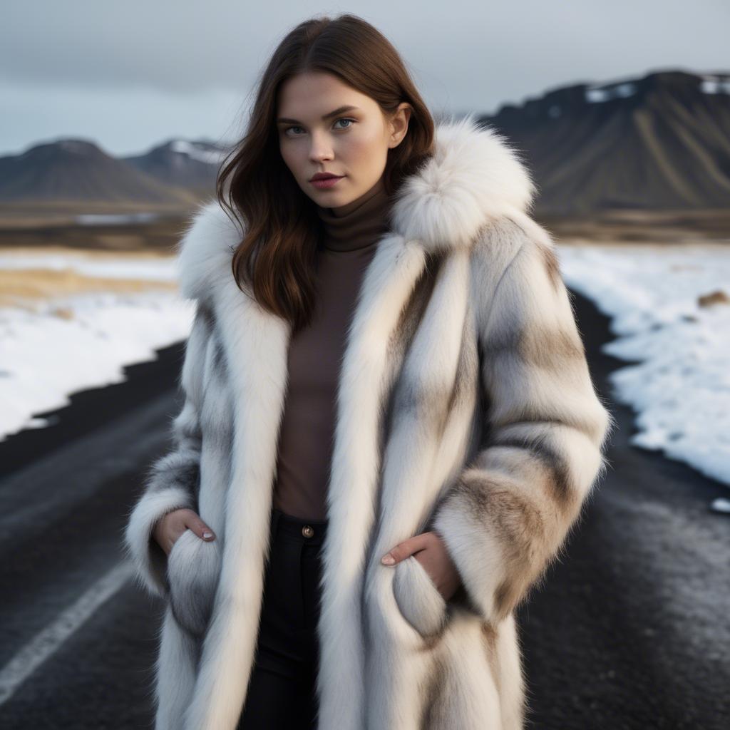 A stunning image of icelandic vision in a fluffy faux-fur coat radiating a captivating winter glow.