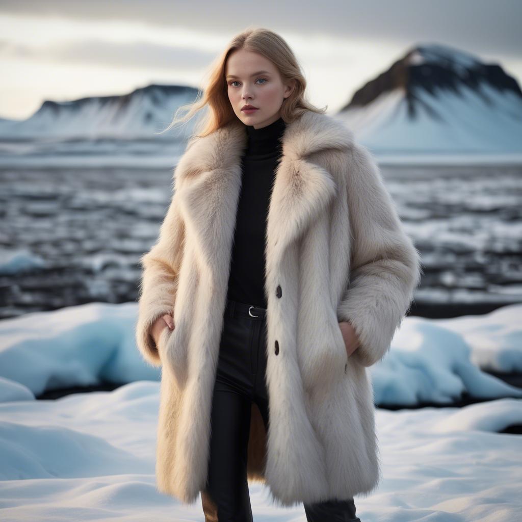 A stunning image of icelandic vision in a fluffy faux-fur coat radiating a captivating winter glow.