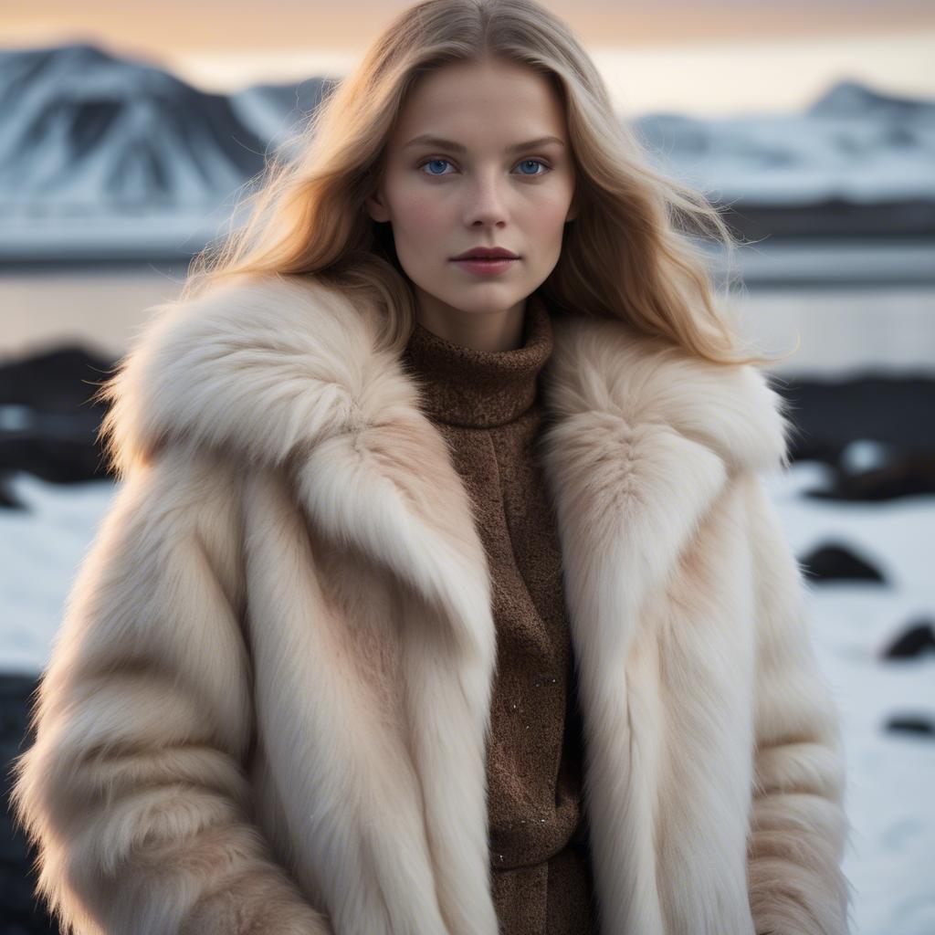 A stunning image of icelandic vision in a fluffy faux-fur coat radiating a captivating winter glow.