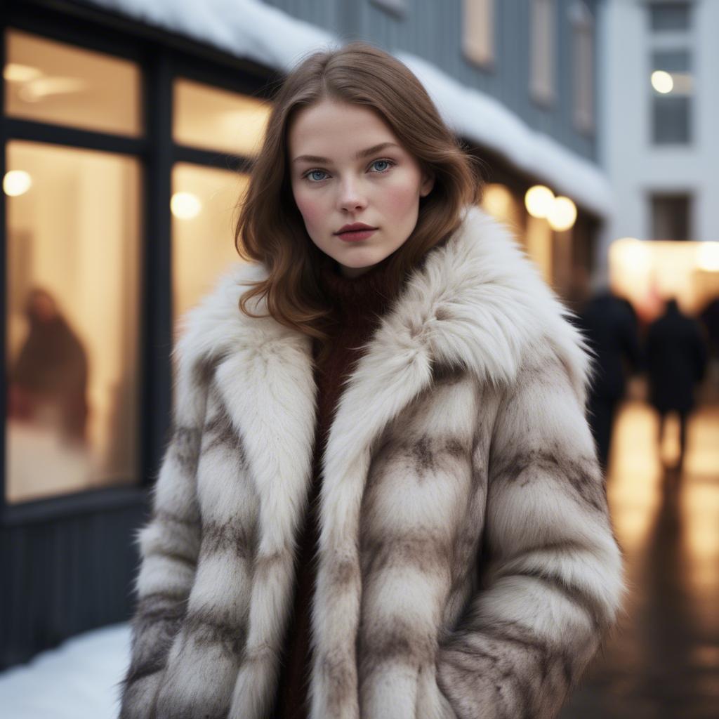 A stunning image of icelandic vision in a fluffy faux-fur coat radiating a captivating winter glow.