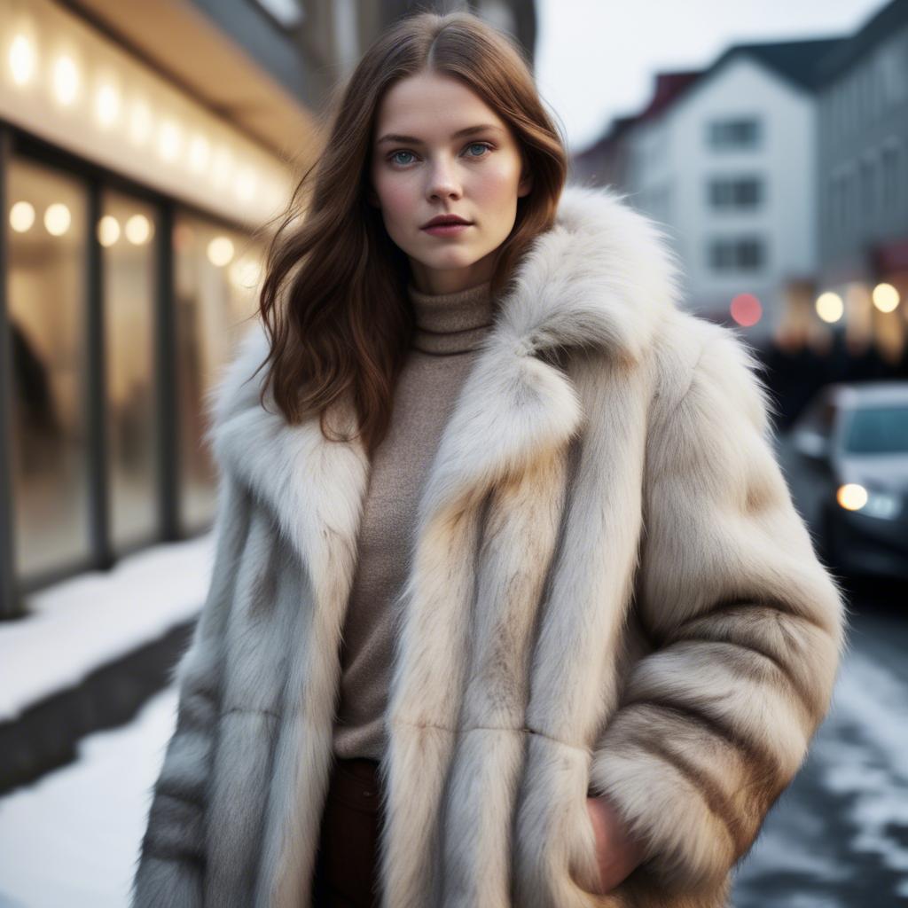 A stunning image of icelandic vision in a fluffy faux-fur coat radiating a captivating winter glow.
