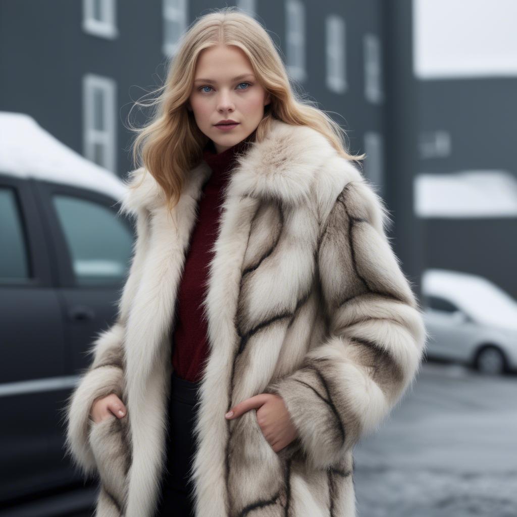 A stunning image of icelandic vision in a fluffy faux-fur coat radiating a captivating winter glow.