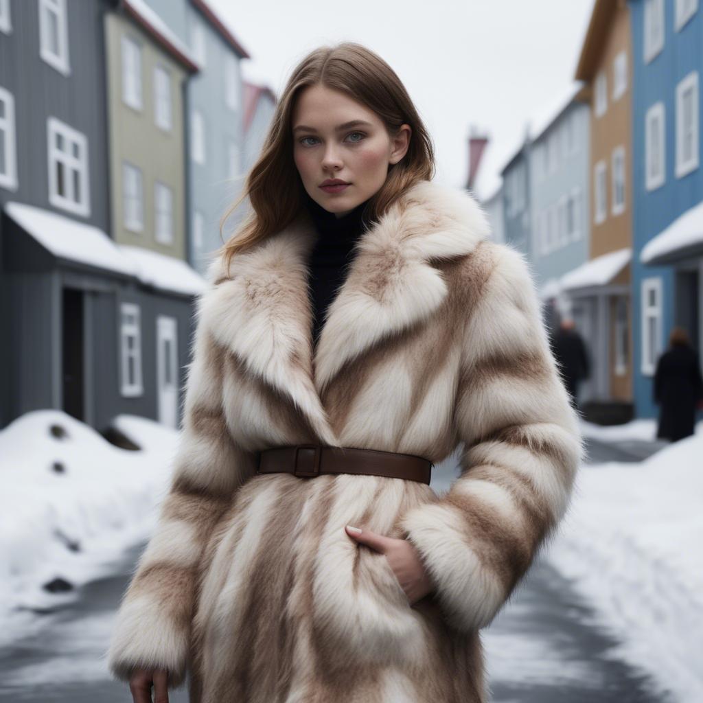 A stunning image of icelandic vision in a fluffy faux-fur coat radiating a captivating winter glow.