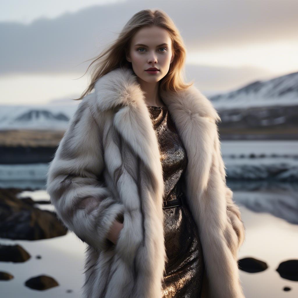 A stunning image of icelandic vision in a fluffy faux-fur coat radiating a captivating winter glow.