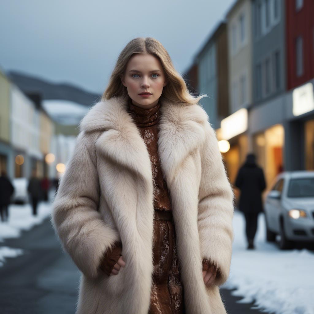 A stunning image of icelandic vision in a fluffy faux-fur coat radiating a captivating winter glow.