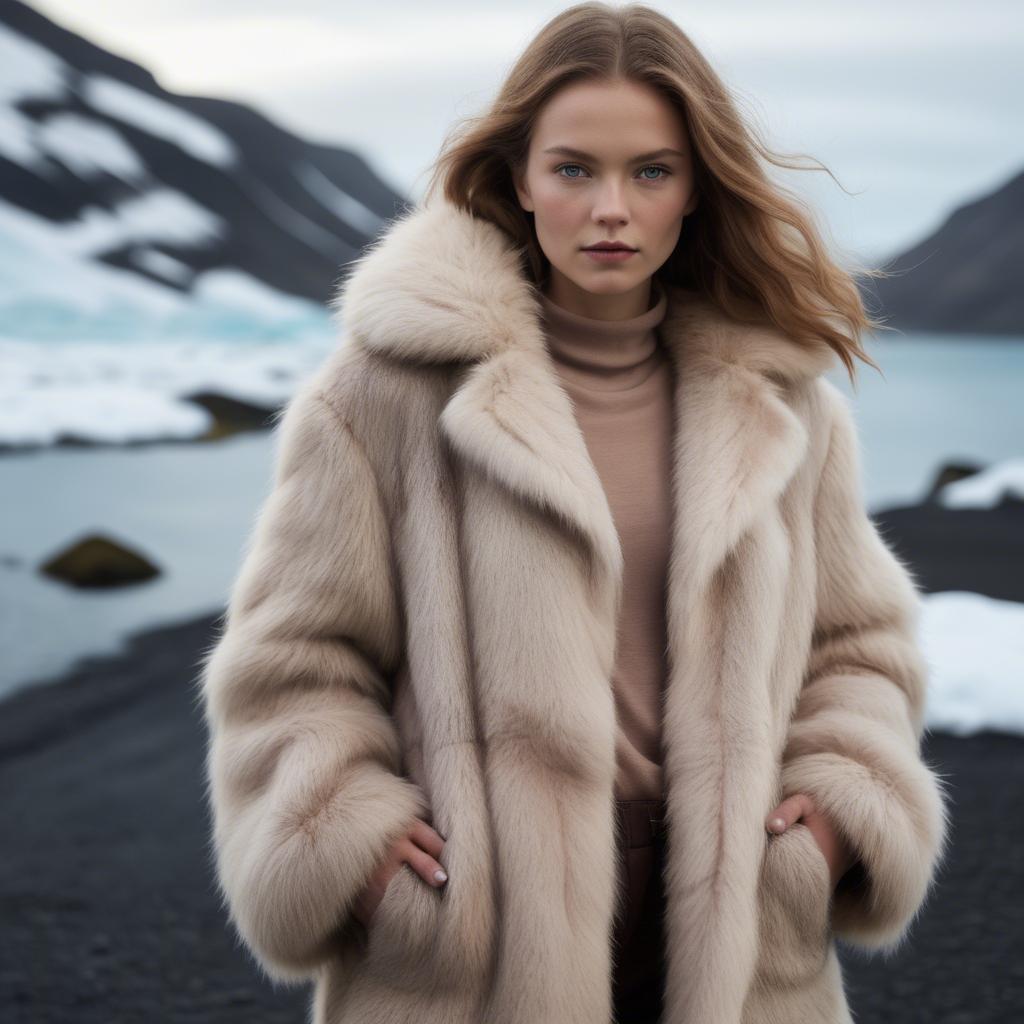 A stunning image of icelandic vision in a fluffy faux-fur coat radiating a captivating winter glow.
