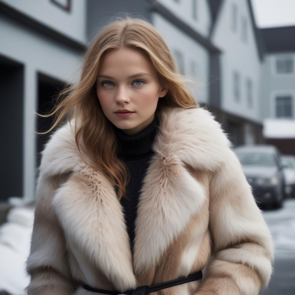 A stunning image of icelandic vision in a fluffy faux-fur coat radiating a captivating winter glow.