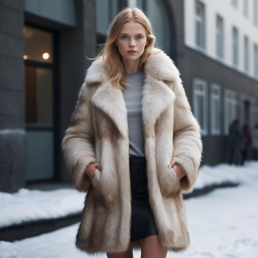 A stunning image of icelandic vision in a fluffy faux-fur coat radiating a captivating winter glow.