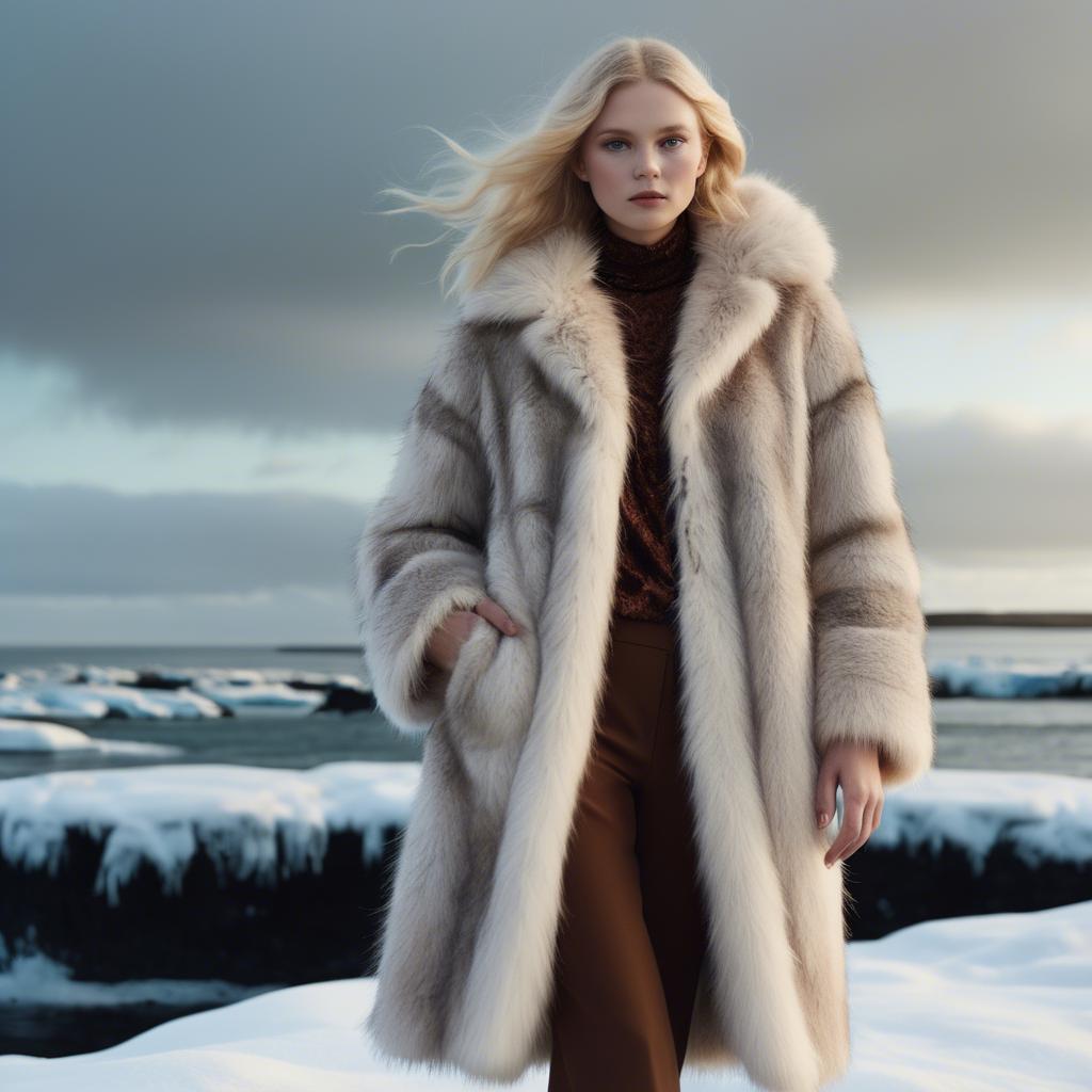 A stunning image of icelandic vision in a fluffy faux-fur coat radiating a captivating winter glow.