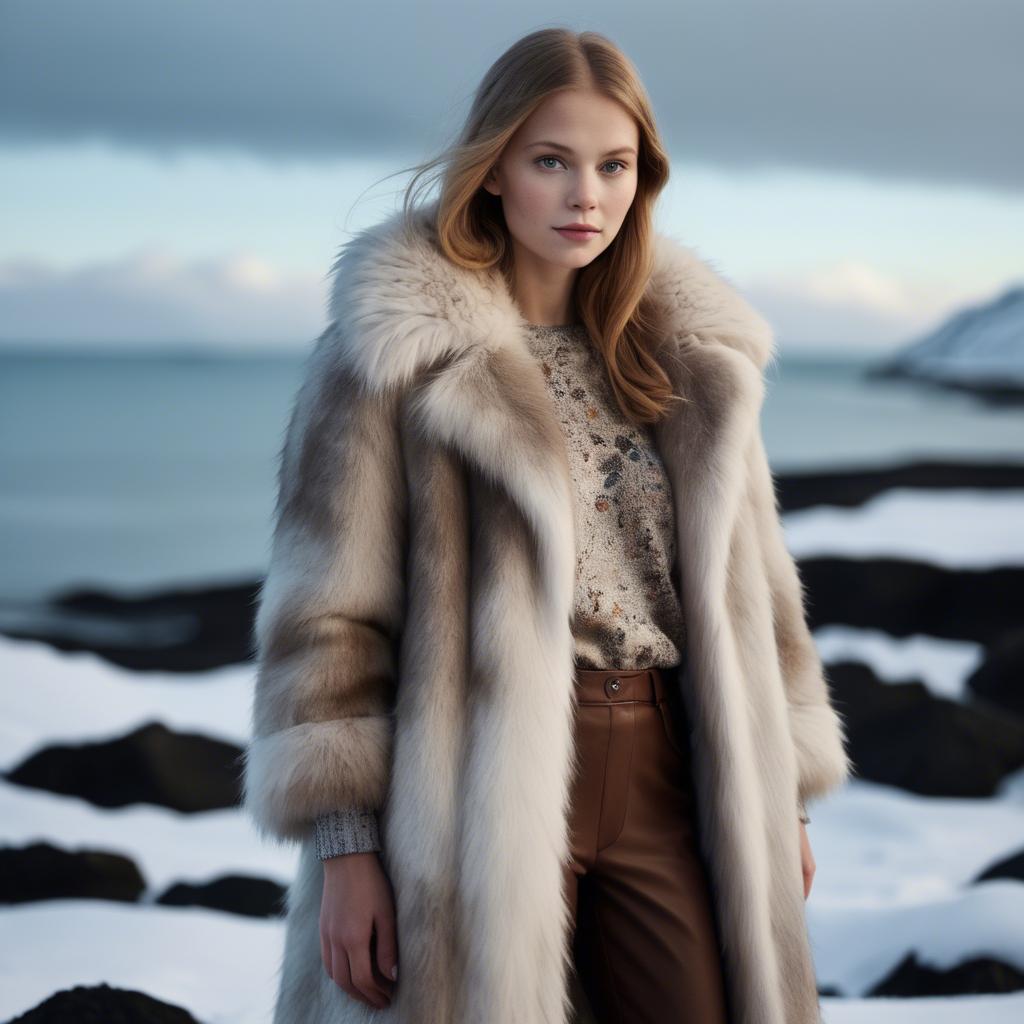 A stunning image of icelandic vision in a fluffy faux-fur coat radiating a captivating winter glow.