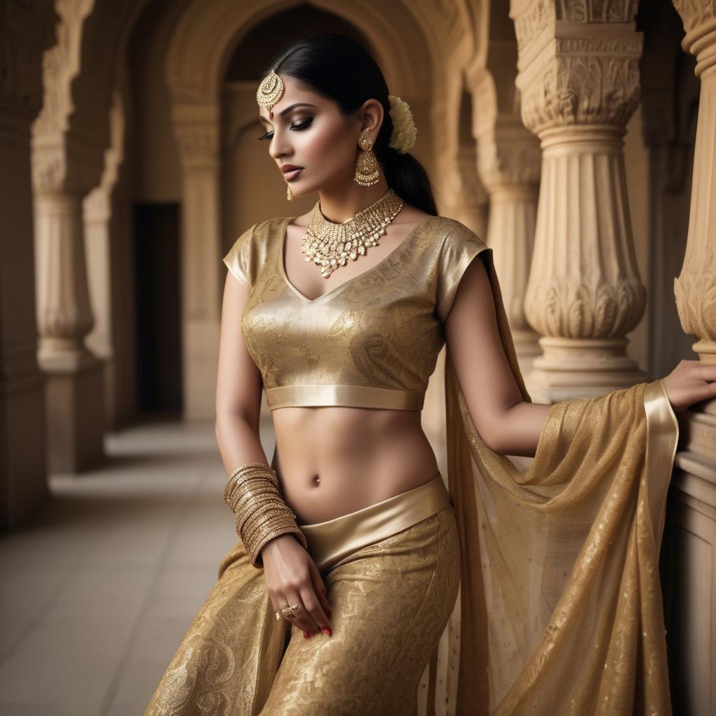 A stunning image of indian glamour in golden fabric highlights.