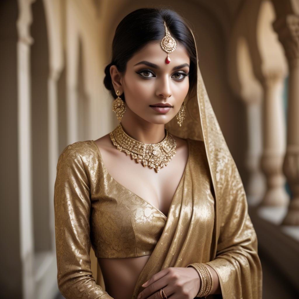 A stunning image of indian glamour in golden fabric highlights.