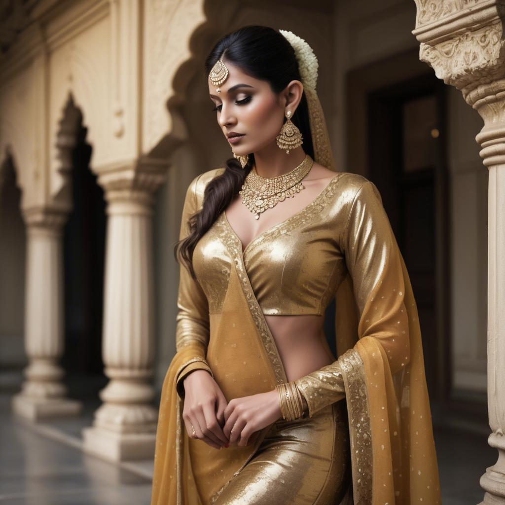 A stunning image of indian glamour in golden fabric highlights.