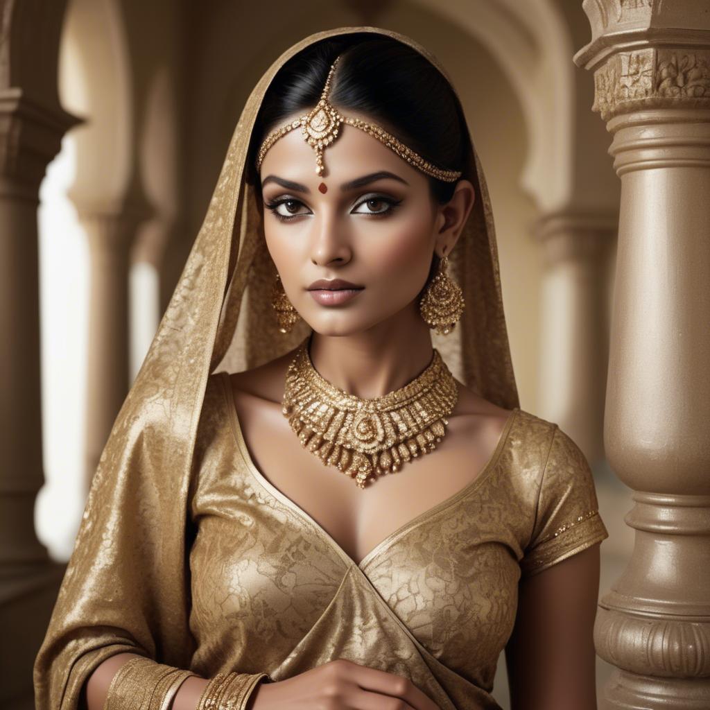 A stunning image of indian glamour in golden fabric highlights.