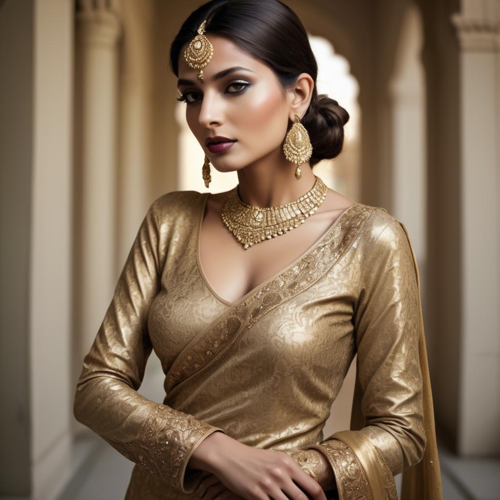 A stunning image of indian glamour in golden fabric highlights.
