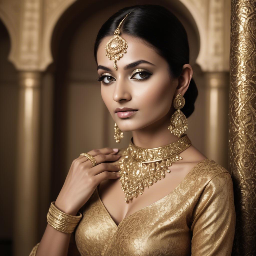 A stunning image of indian glamour in golden fabric highlights.