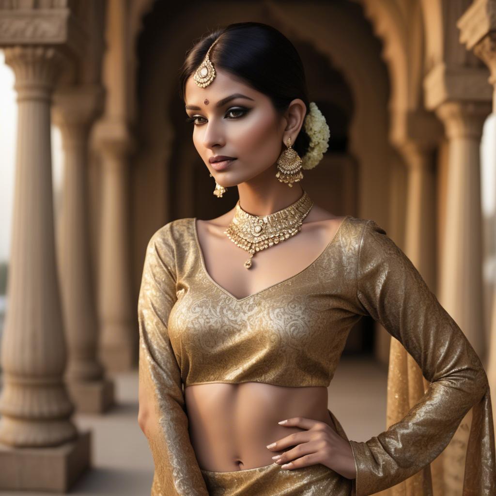 A stunning image of indian glamour in golden fabric highlights.