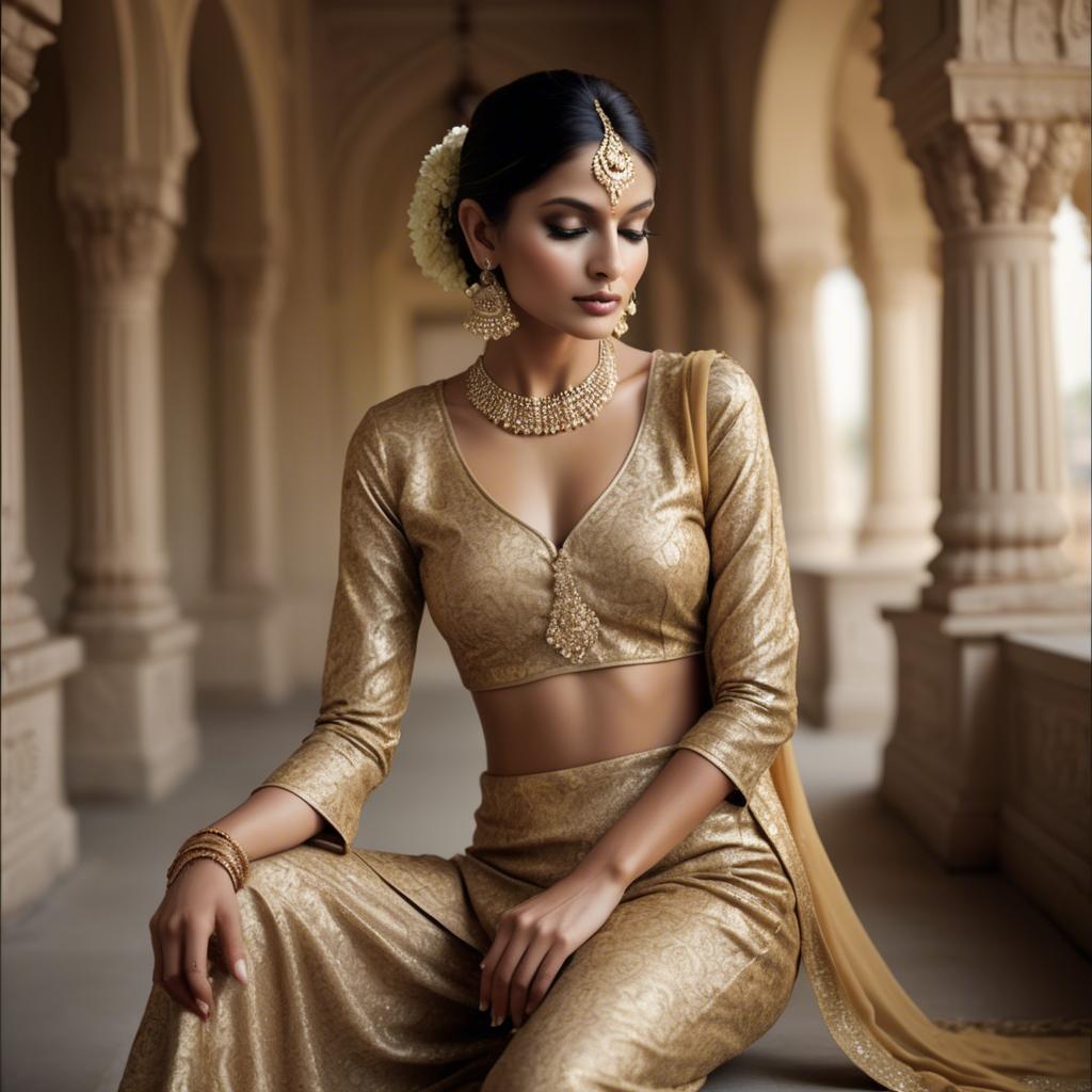 A stunning image of indian glamour in golden fabric highlights.