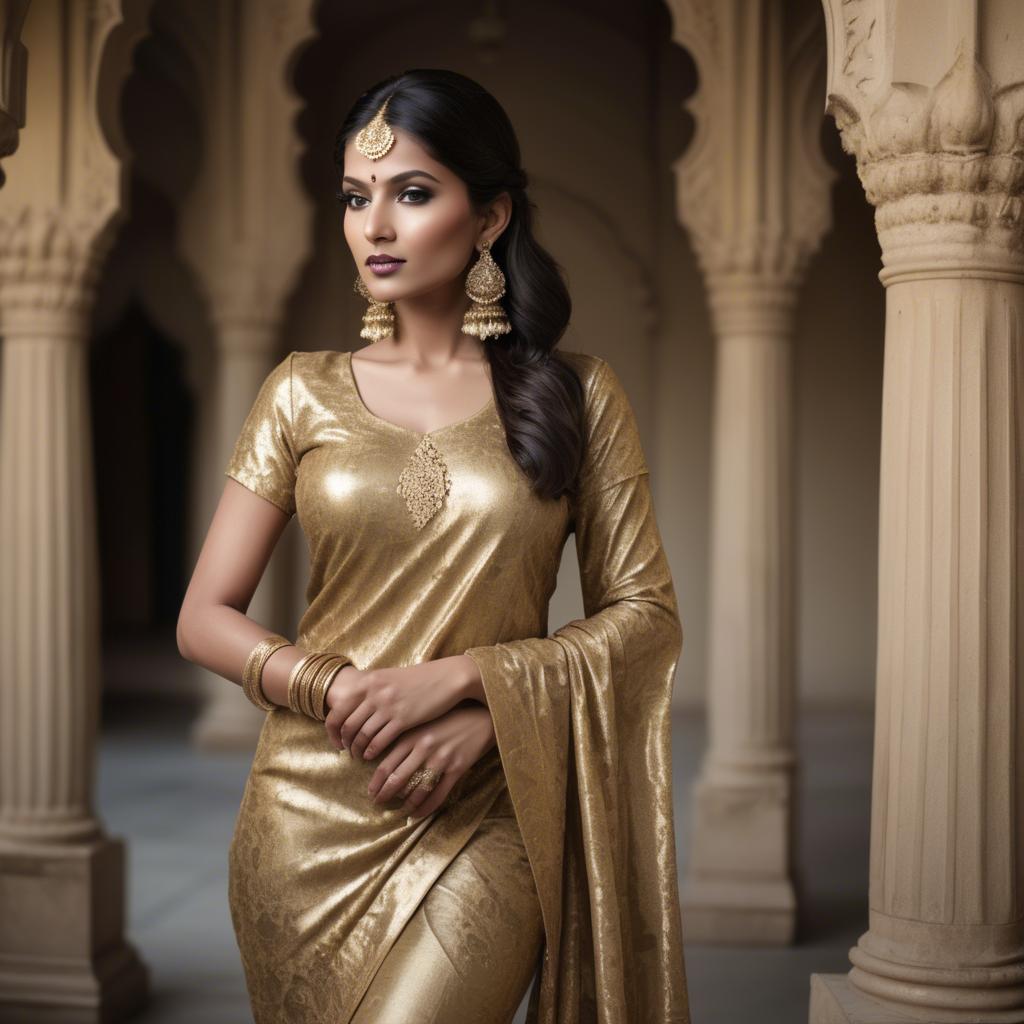 A stunning image of indian glamour in golden fabric highlights.