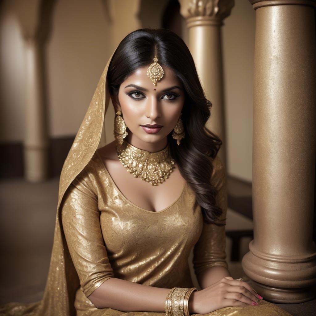 A stunning image of indian glamour in golden fabric highlights.