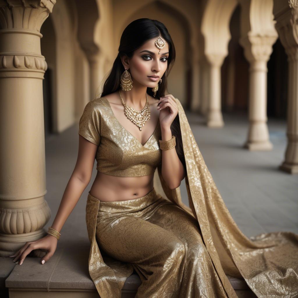 A stunning image of indian glamour in golden fabric highlights.