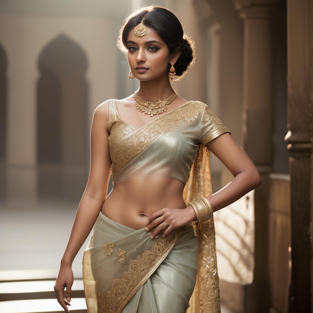 A stunning image of indian starlet in a shimmering sari embellished with intricate golden embroidery.