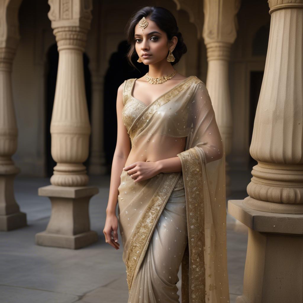 A stunning image of indian starlet in a shimmering sari embellished with intricate golden embroidery.