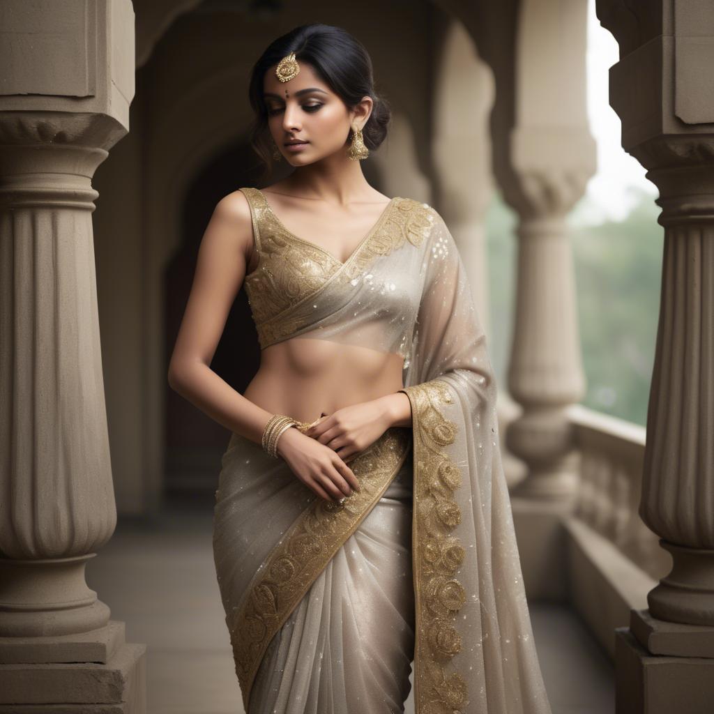 A stunning image of indian starlet in a shimmering sari embellished with intricate golden embroidery.