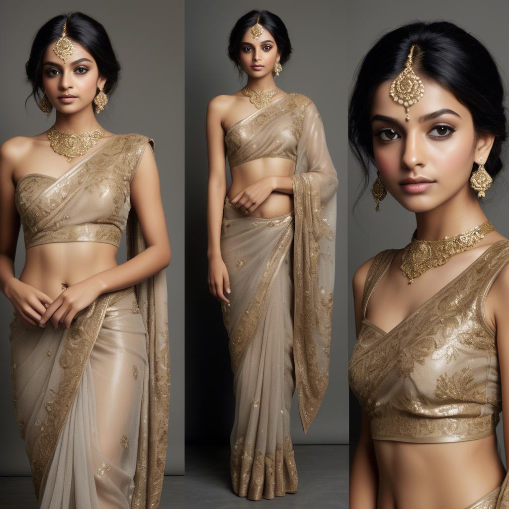 A stunning image of indian starlet in a shimmering sari embellished with intricate golden embroidery.