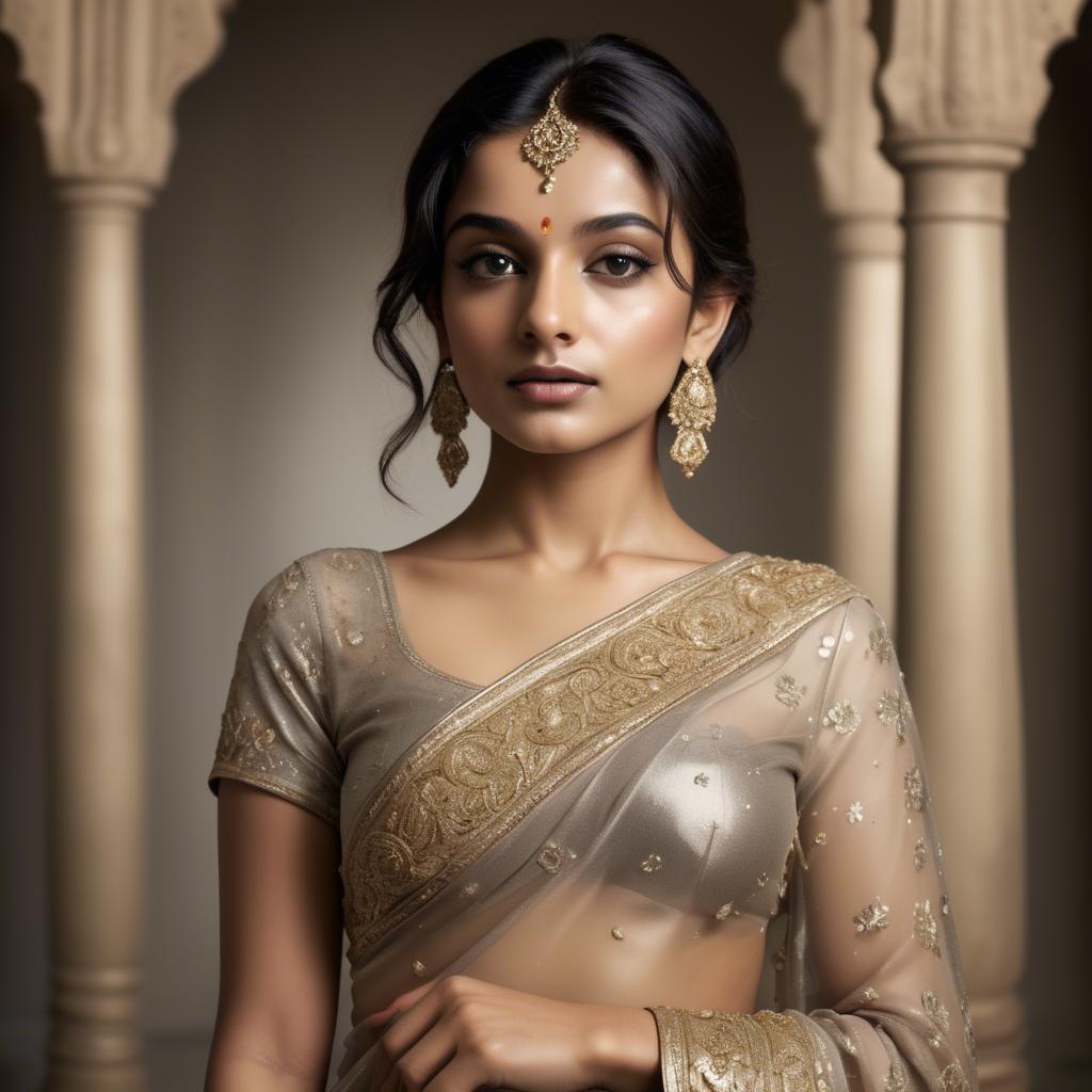 A stunning image of indian starlet in a shimmering sari embellished with intricate golden embroidery.