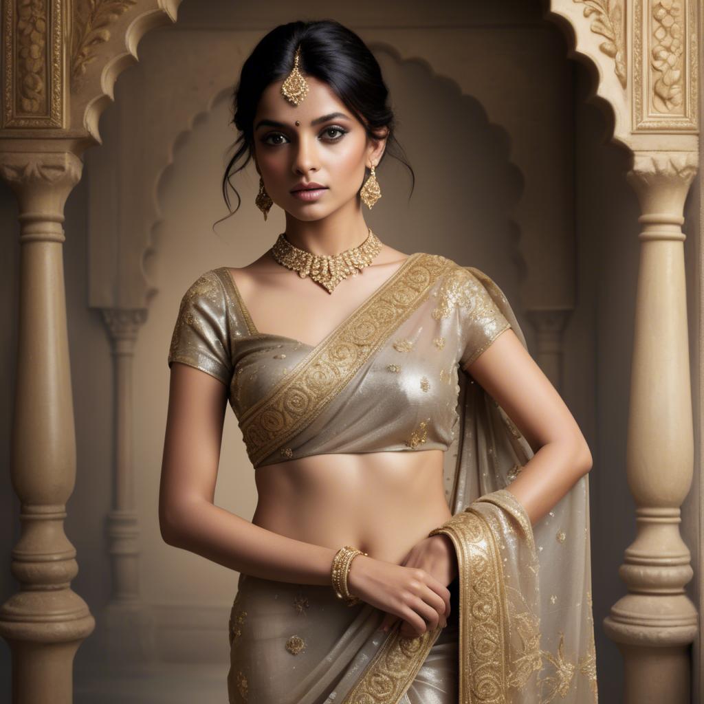A stunning image of indian starlet in a shimmering sari embellished with intricate golden embroidery.