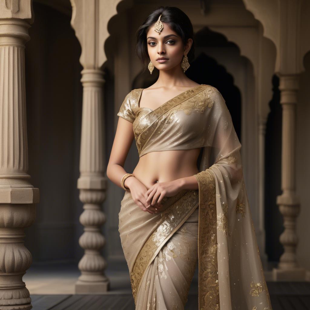 A stunning image of indian starlet in a shimmering sari embellished with intricate golden embroidery.