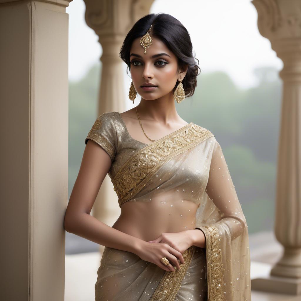 A stunning image of indian starlet in a shimmering sari embellished with intricate golden embroidery.