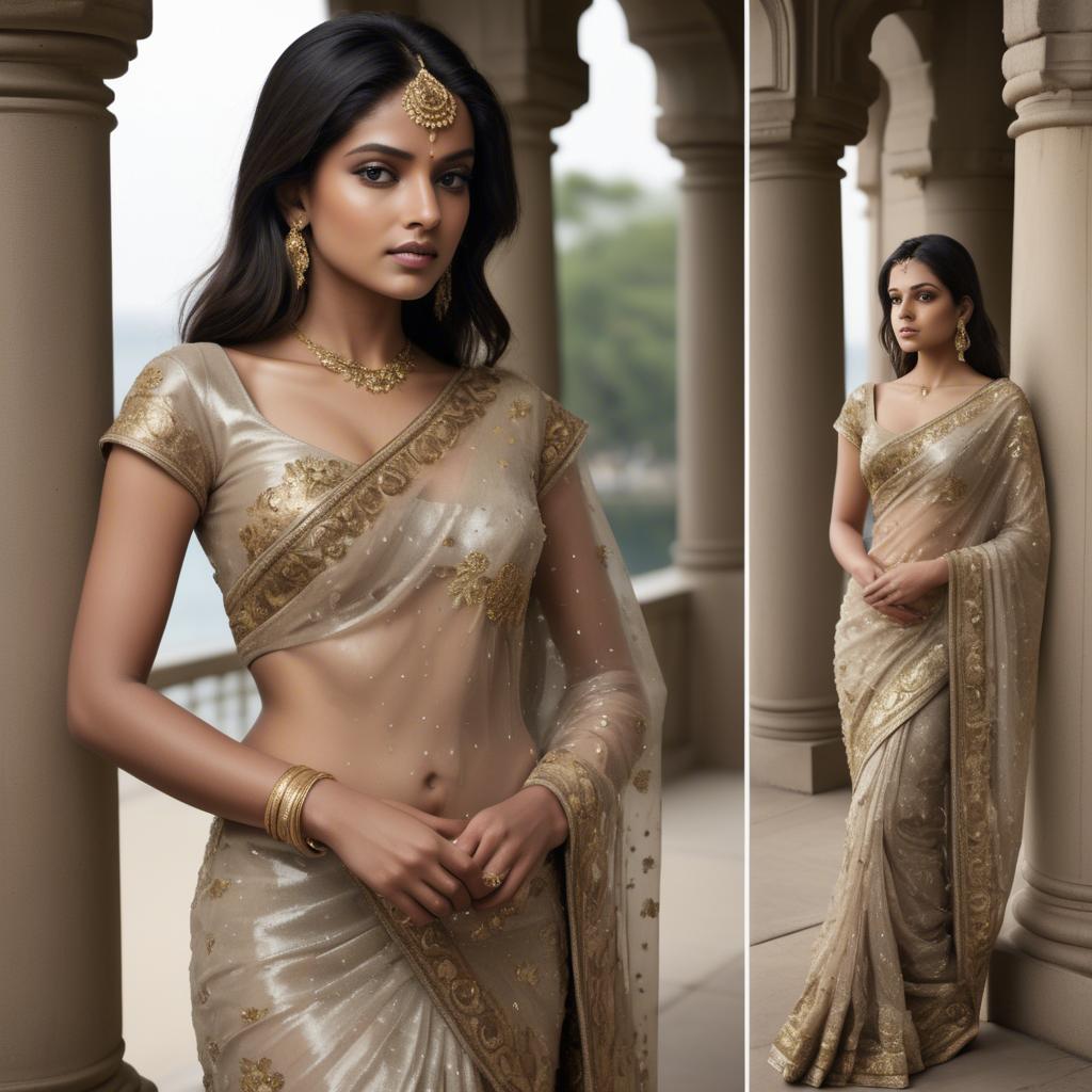 A stunning image of indian starlet in a shimmering sari embellished with intricate golden embroidery.