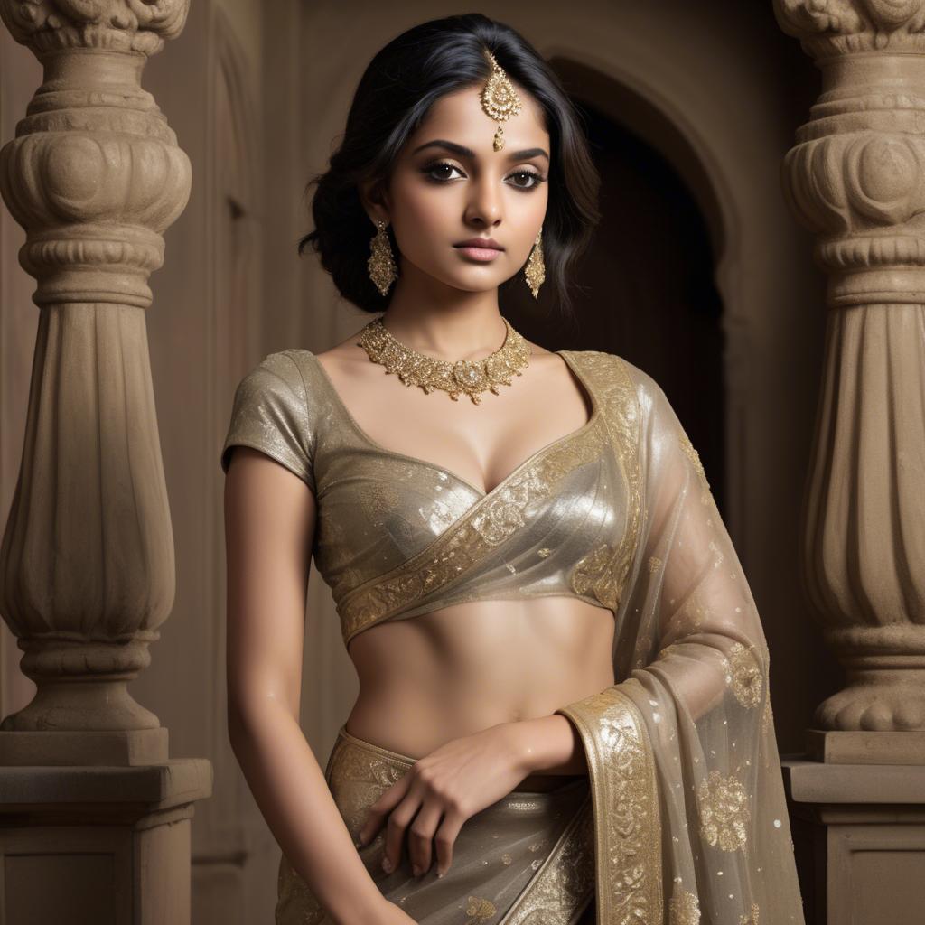A stunning image of indian starlet in a shimmering sari embellished with intricate golden embroidery.