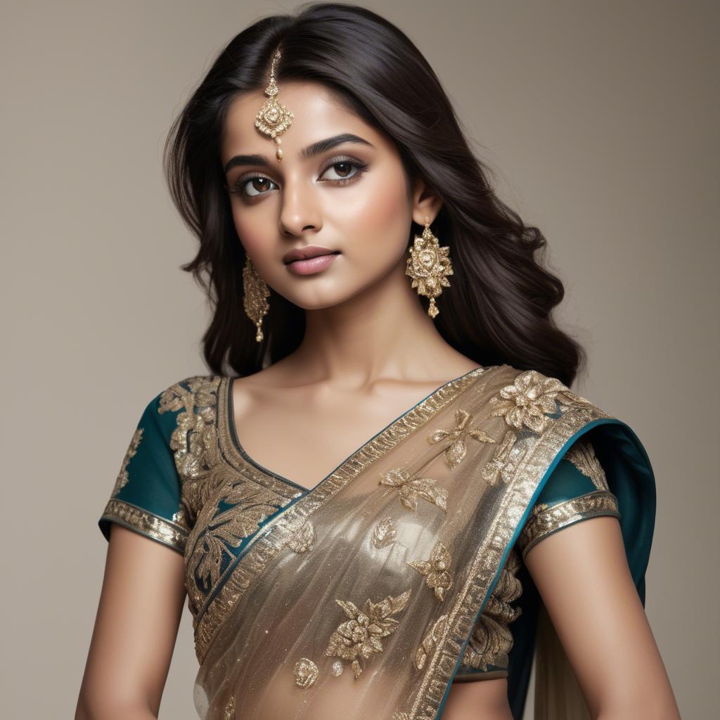 A stunning image of indian starlet in a shimmering sari embellished with intricate golden embroidery.