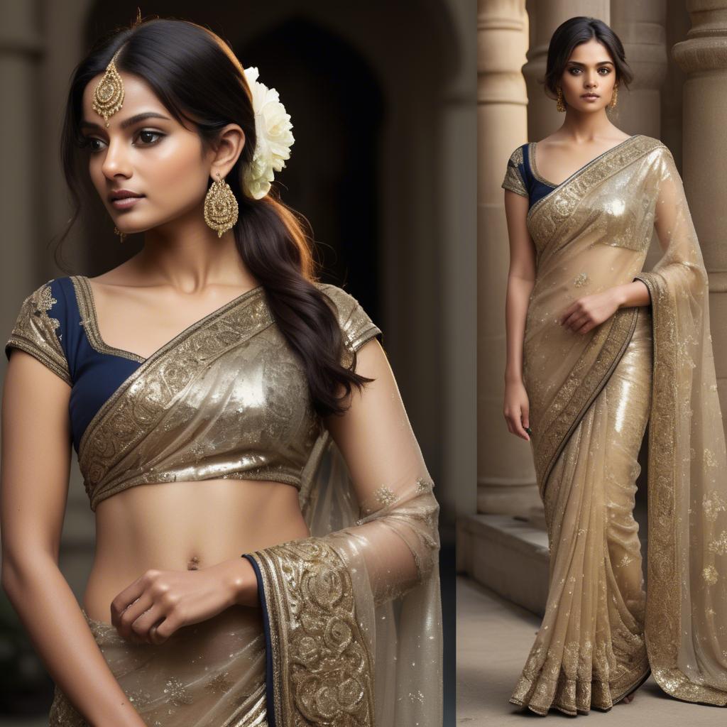 A stunning image of indian starlet in a shimmering sari embellished with intricate golden embroidery.