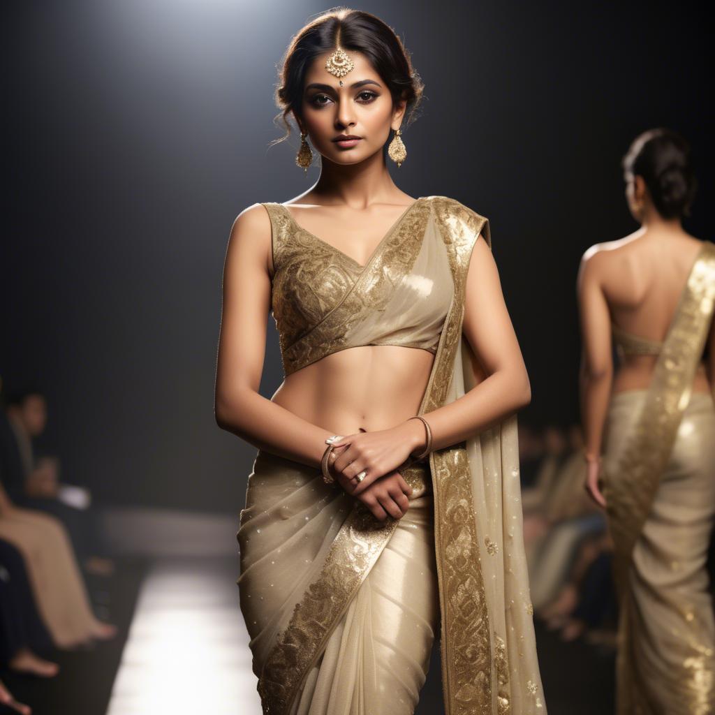 A stunning image of indian starlet in a shimmering sari embellished with intricate golden embroidery.
