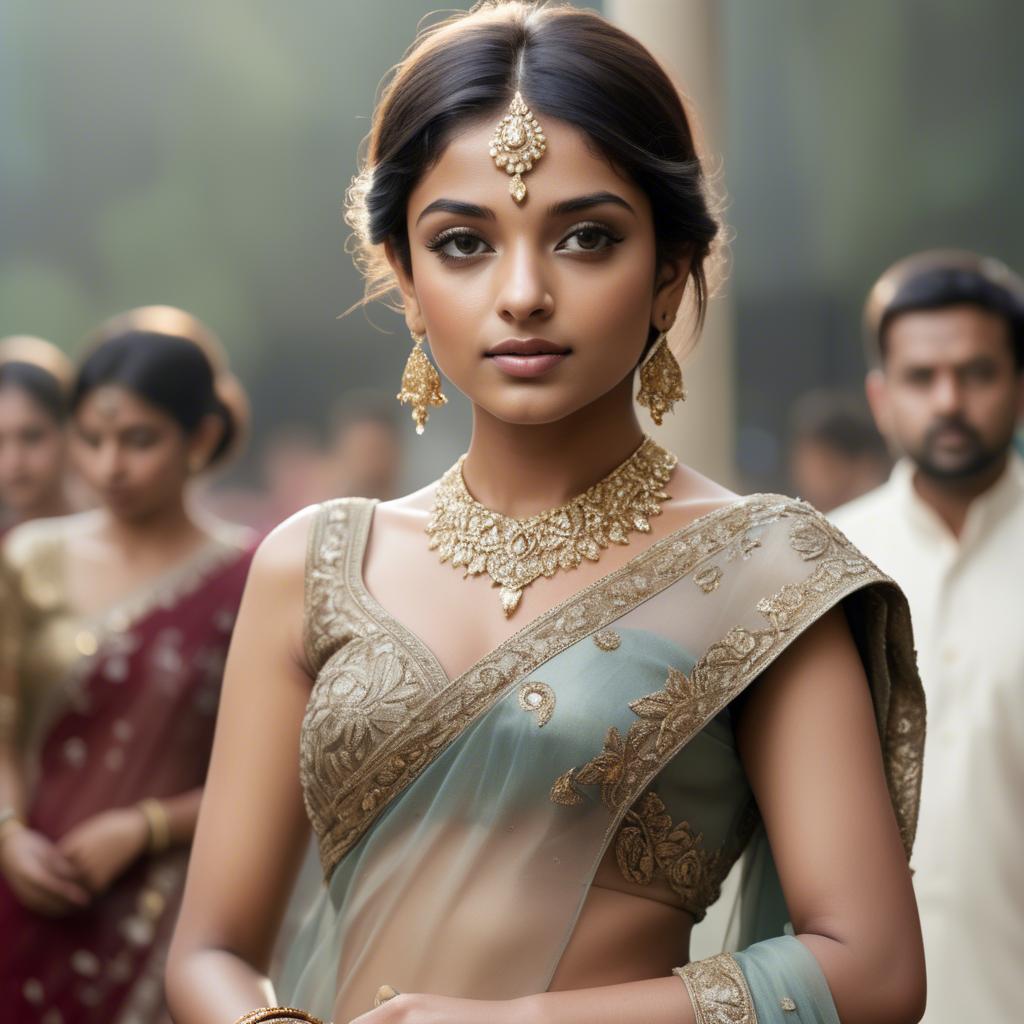 A stunning image of indian starlet in a shimmering sari embellished with intricate golden embroidery.