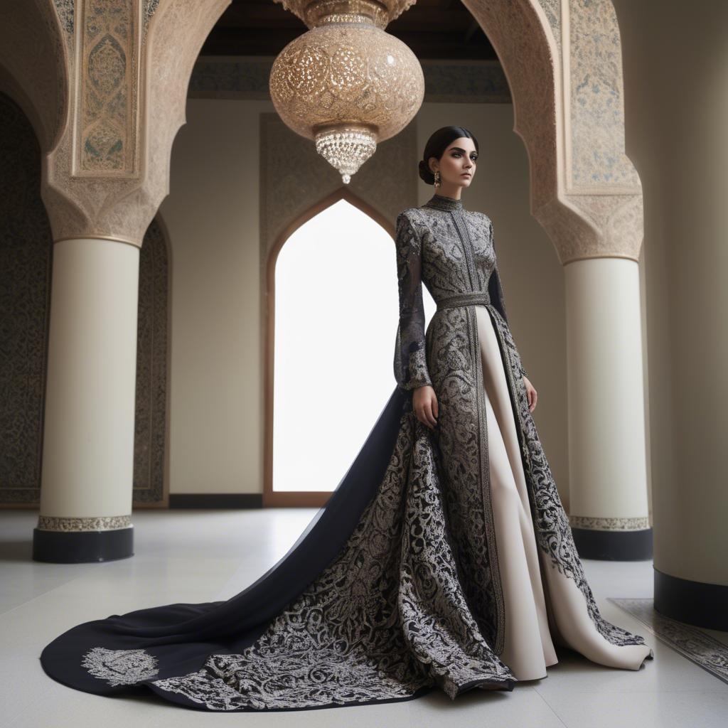 A stunning image of iranian elegance in a high-fashion gown enriched by subtle middle eastern motifs.