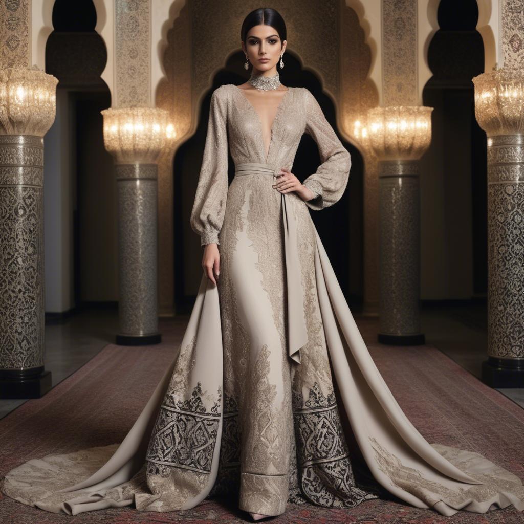 A stunning image of iranian elegance in a high-fashion gown enriched by subtle middle eastern motifs.