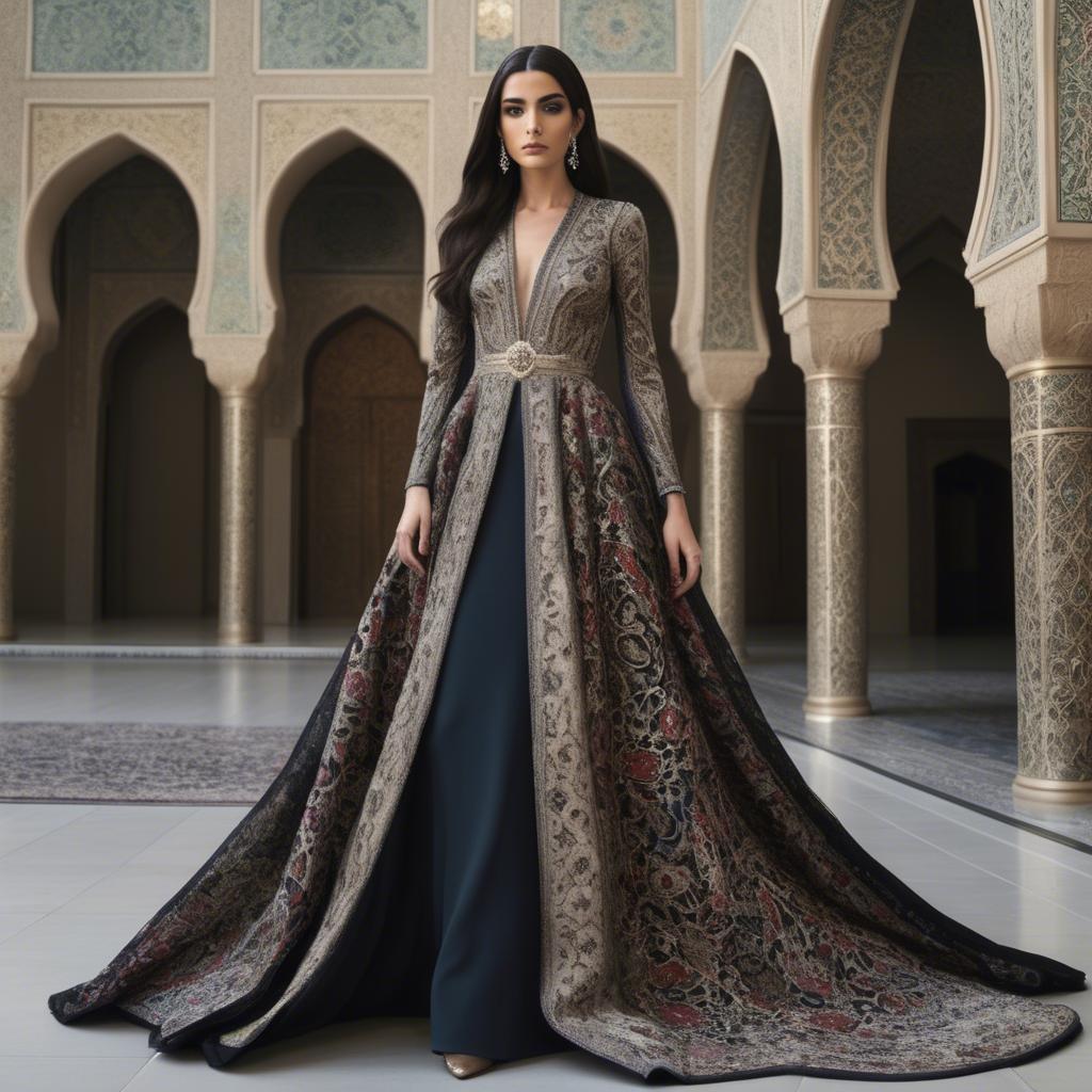A stunning image of iranian elegance in a high-fashion gown enriched by subtle middle eastern motifs.