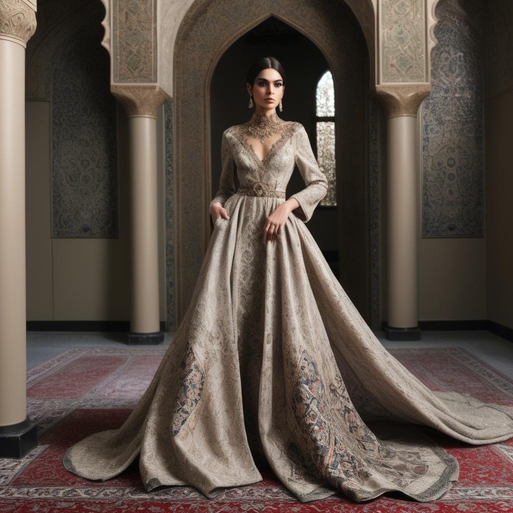 A stunning image of iranian elegance in a high-fashion gown enriched by subtle middle eastern motifs.