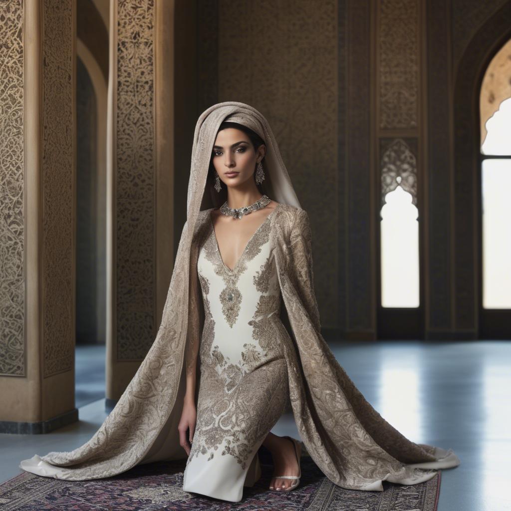 A stunning image of iranian elegance in a high-fashion gown enriched by subtle middle eastern motifs.