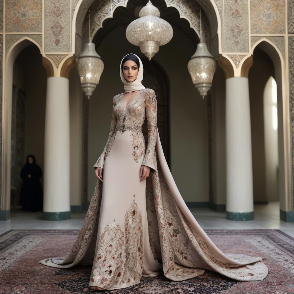 A stunning image of iranian elegance in a high-fashion gown enriched by subtle middle eastern motifs.